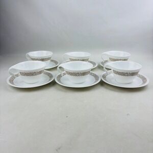 Corelle Woodland Brown 6 Flat Cup & Saucer Set Hook Handle Floral White Vintage